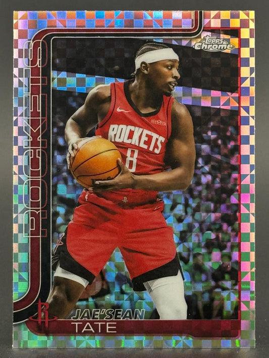 Jae'Sean Tate trading card, Topps Chrome, holding a basketball in a red Rockets uniform.
