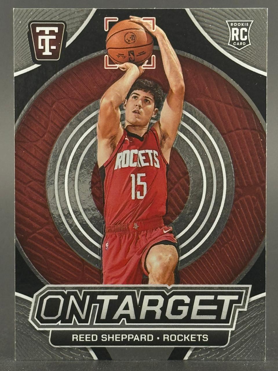 Reed Sheppard trading card, On Target insert, featuring him in a Rockets uniform shooting a basketball.