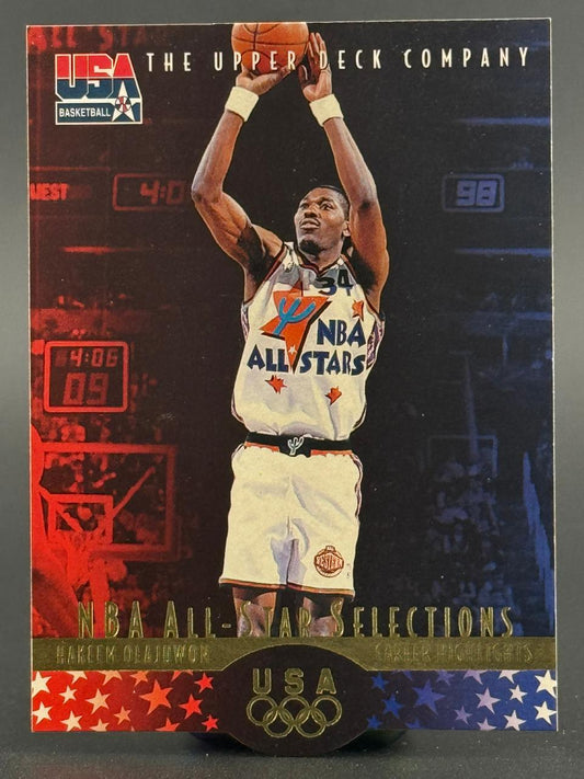 Hakeem Olajuwon 1993-94 Upper Deck NBA All-Star Selections card showing him shooting a basketball.