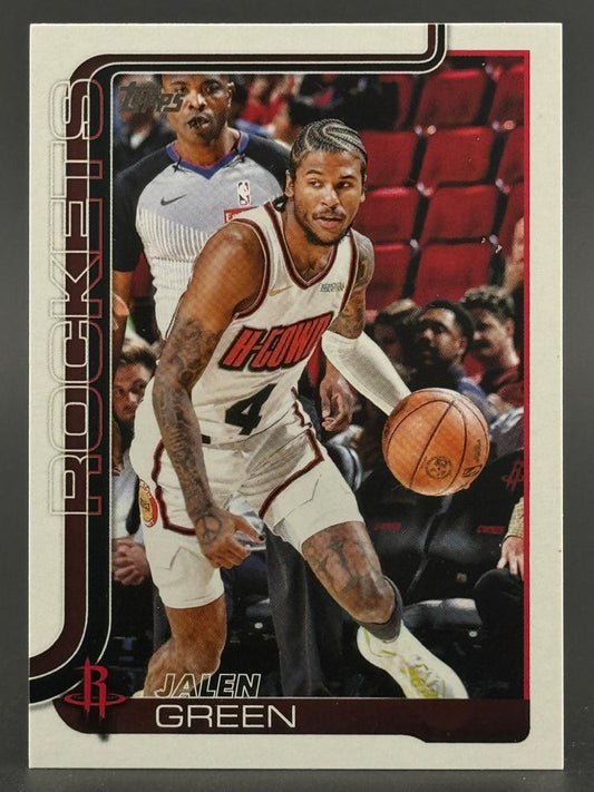 Jalen Green trading card, featuring him dribbling a basketball in a Rockets uniform.