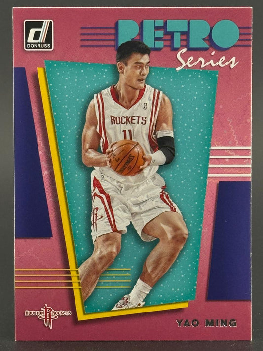 Yao Ming 1993-94 Donruss Retro Series basketball card, holding a ball in a Rockets uniform.