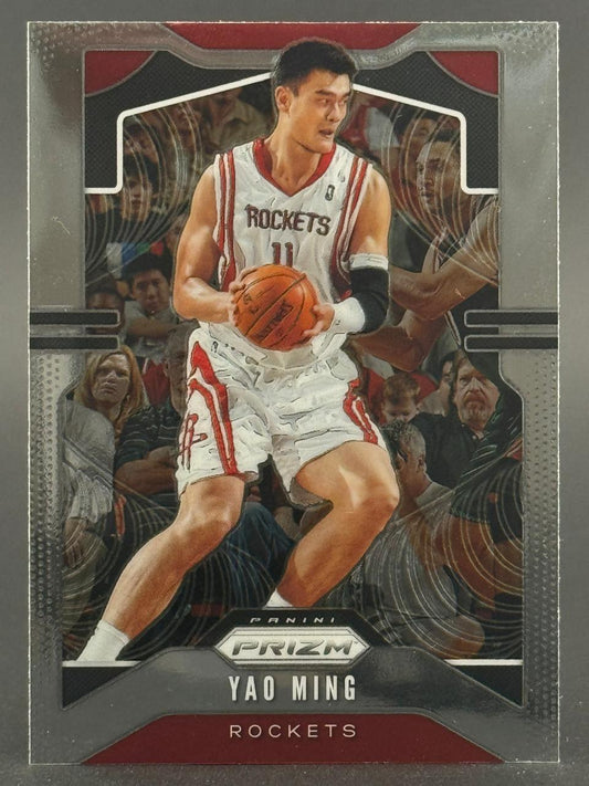 Yao Ming 2013-14 Panini Prizm trading card, holding a basketball in a Rockets uniform.