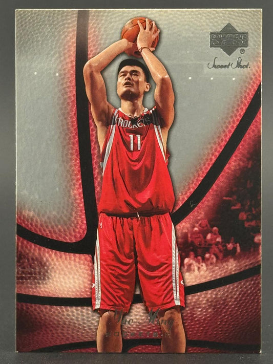 Yao Ming Upper Deck Sweet Shot basketball card showing him shooting, wearing Rockets #11 jersey.