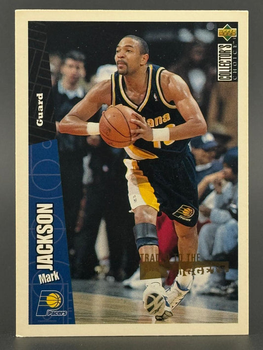 1996-97 Upper Deck Collector's Choice Mark Jackson trading card showing him holding a basketball in a Pacers uniform.