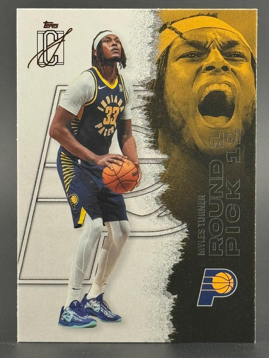 Trading card of Myles Turner in Indiana Pacers uniform holding basketball, with large yellow graphic of his face.