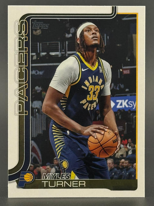 Trading card of Myles Turner in Indiana Pacers uniform holding a basketball.