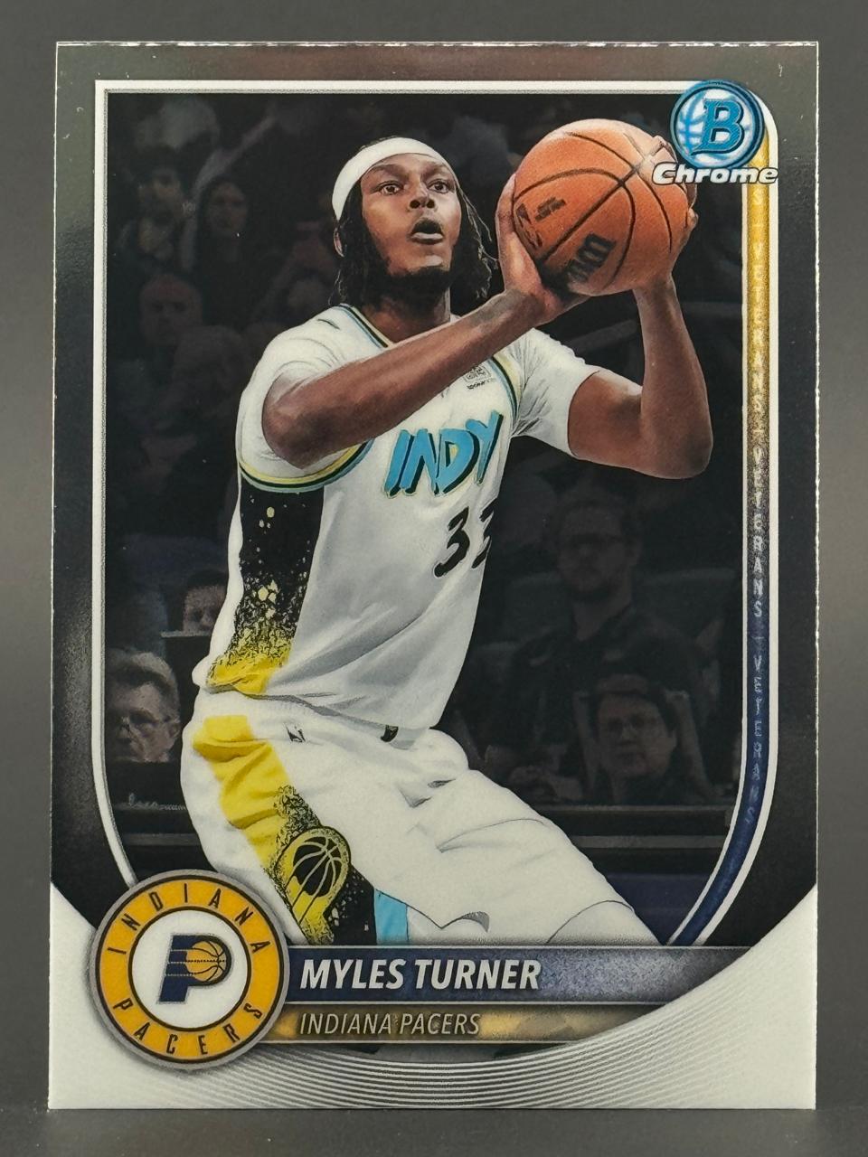 Myles Turner Indiana Pacers Bowman Chrome basketball trading card, holding a basketball to shoot.