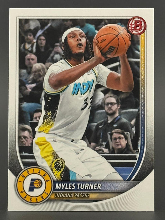 Trading card of Myles Turner, Indiana Pacers, shooting a basketball.