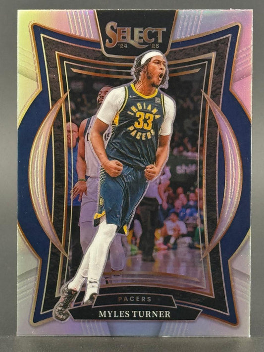 2024-25 Select Myles Turner trading card, #33, featuring the Indiana Pacers player celebrating.