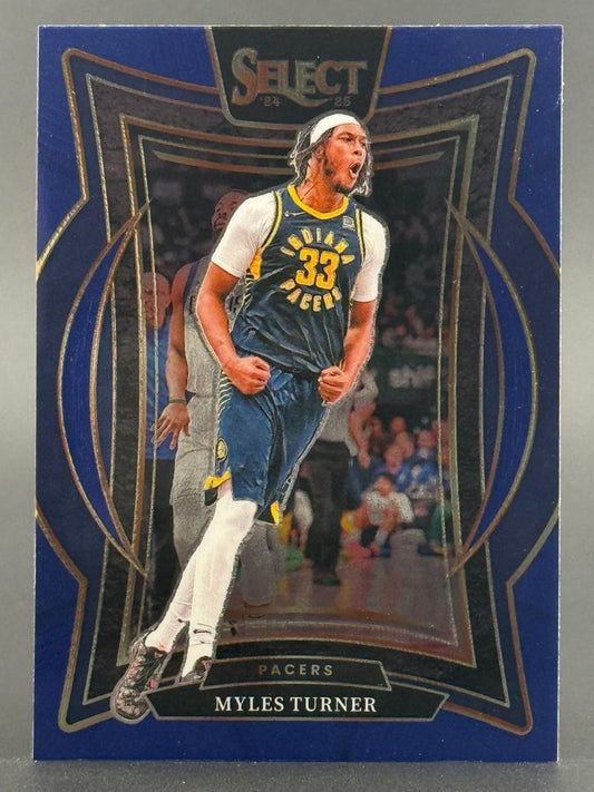 2024-25 Panini Select Myles Turner basketball card showing him celebrating in an Indiana Pacers uniform.