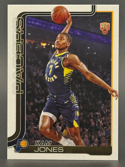 Trading card of basketball player Kam Jones dunking, wearing an Indiana Pacers uniform, with a Topps RC logo.
