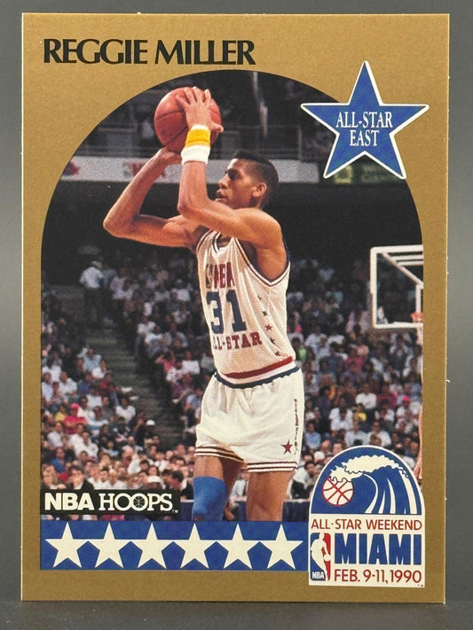 1990 NBA Hoops Reggie Miller All-Star card #327, shooting a basketball in uniform.