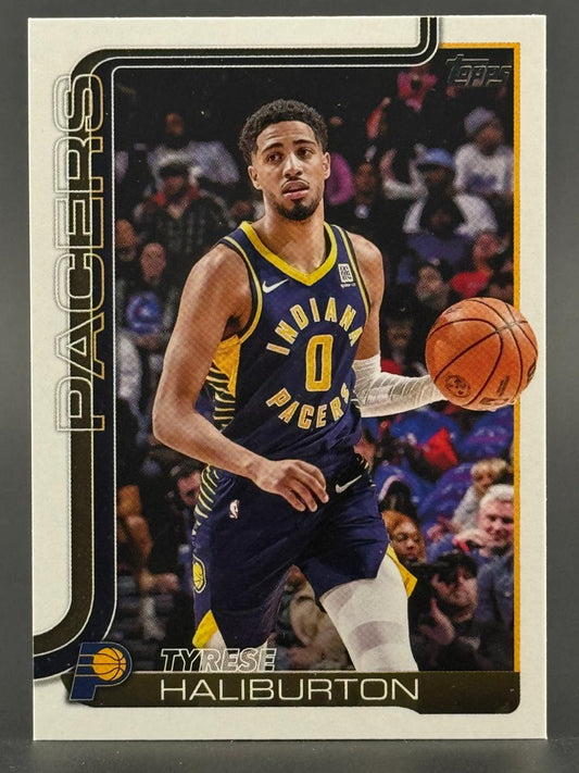 Tyrese Haliburton Topps trading card, showing him dribbling in an Indiana Pacers uniform.