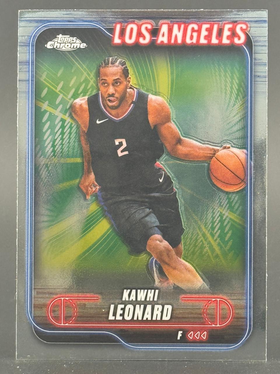 Kawhi Leonard Topps Chrome trading card dribbling a basketball.