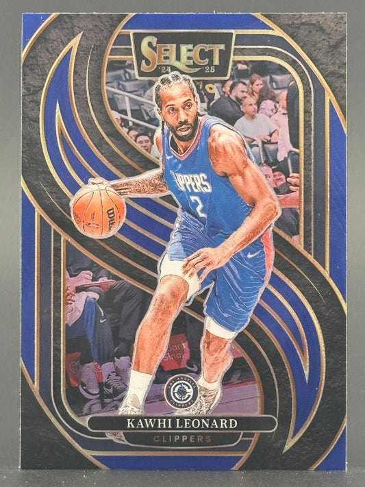 2024-25 Select Kawhi Leonard Clippers trading card dribbling basketball.