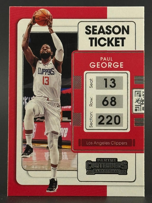 2021-22 Panini Contenders Season Ticket Paul George trading card showing him holding a basketball.