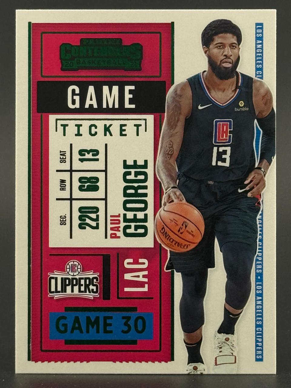 2020-21 Panini Contenders Paul George Game Ticket basketball card #30, featuring him in a Clippers uniform.