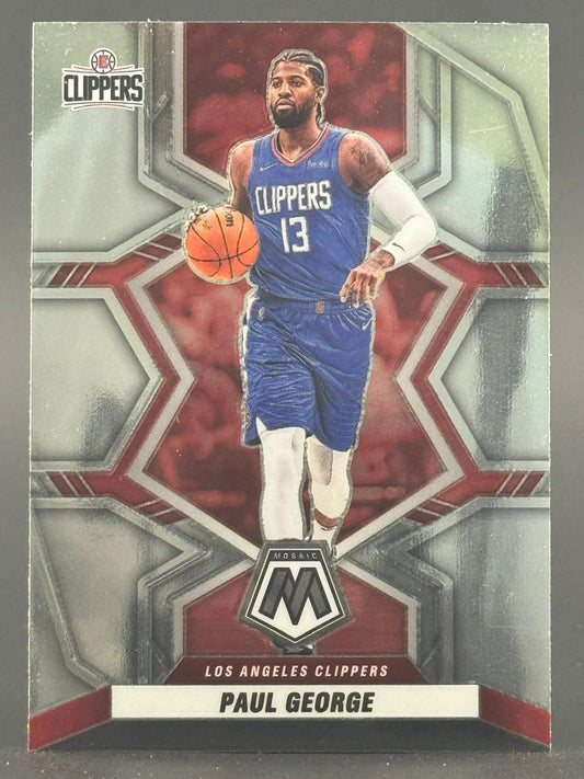 Paul George Los Angeles Clippers trading card from Panini Mosaic, showing him dribbling a basketball.