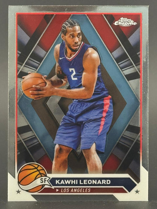 Kawhi Leonard trading card, Topps Chrome basketball, holding a basketball.