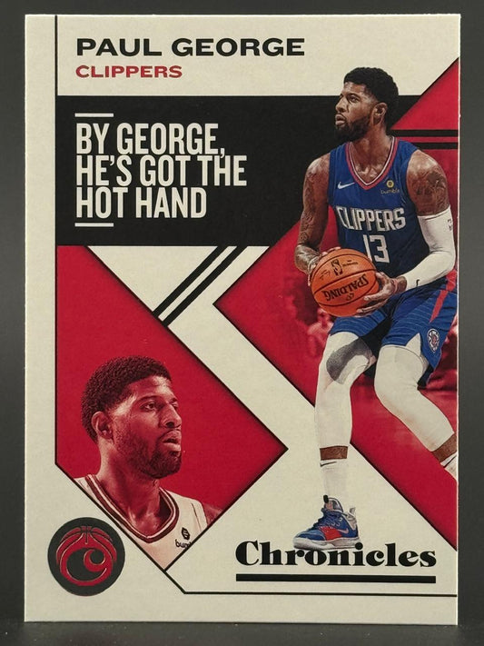 Paul George 2019-20 Panini Chronicles trading card, featuring him in Clippers uniform with text "BY GEORGE".