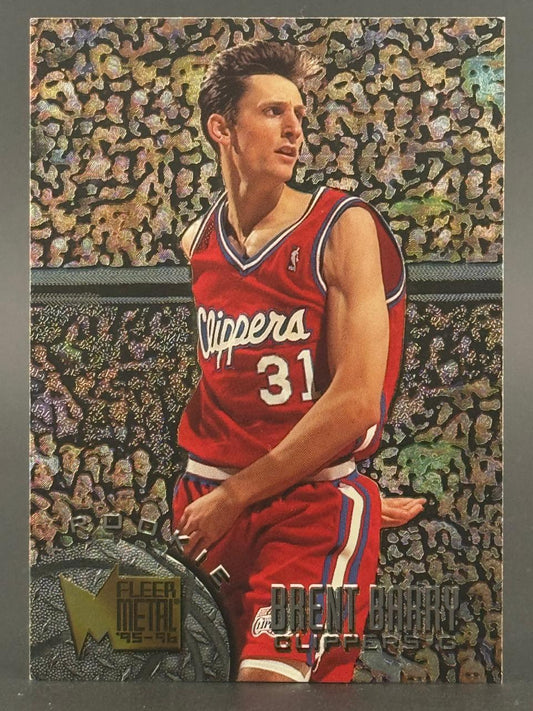 1995-96 Fleer Metal Brent Barry rookie basketball card #31, depicting him in a red Clippers uniform.