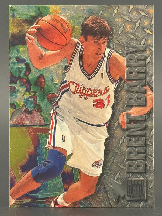 1996-97 Fleer Metal Brent Barry basketball card showing him holding a ball in a Clippers uniform.