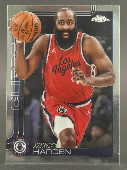 James Harden Topps Chrome basketball card, dribbling a ball in a red Los Angeles Clippers uniform.