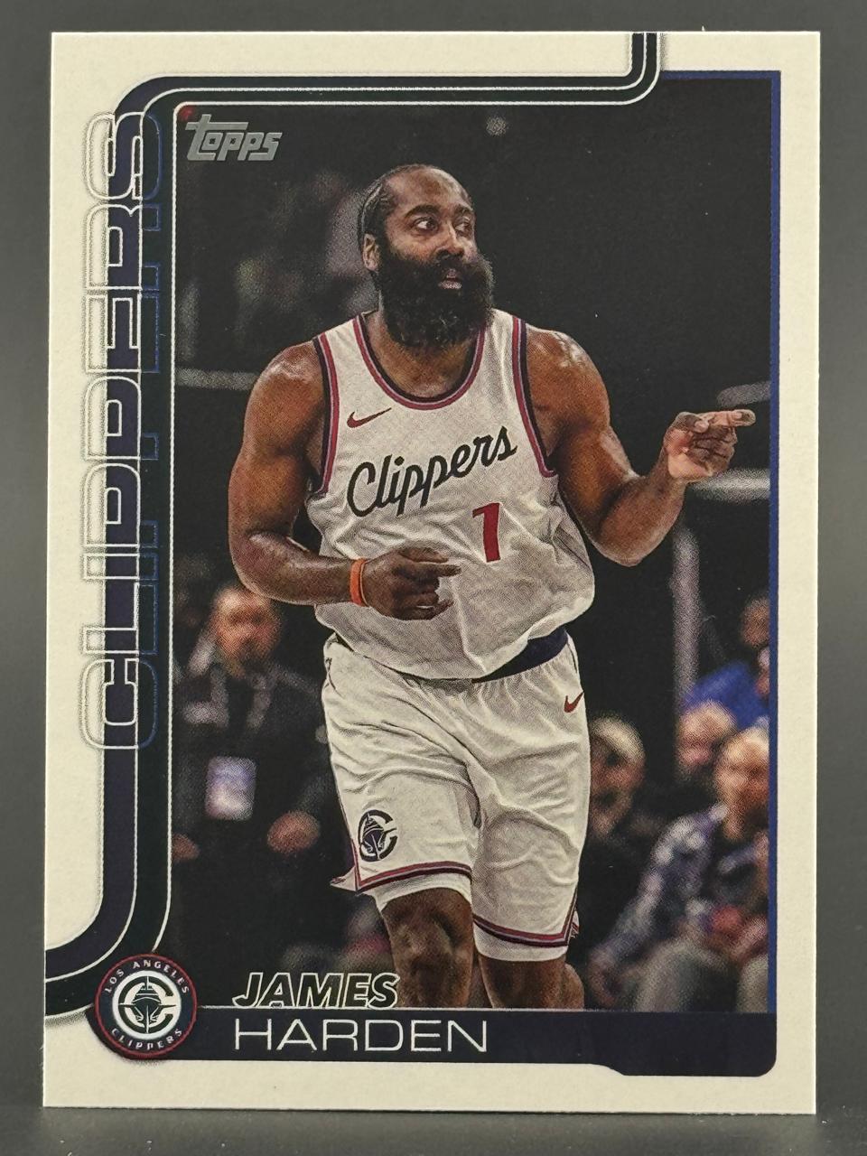 James Harden Topps basketball card showing him in a white Clippers jersey pointing on the court.