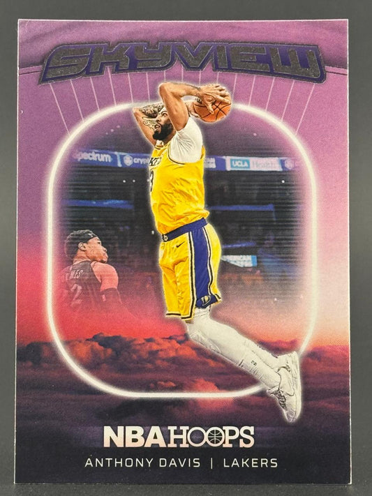 Anthony Davis 2021-22 NBA Hoops Skyview trading card, featuring him in a Lakers uniform.