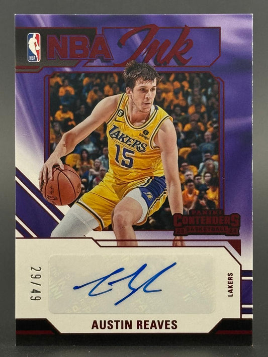 2023-24 Panini Contenders NBA Ink Austin Reaves Lakers auto card, numbered 29/49.