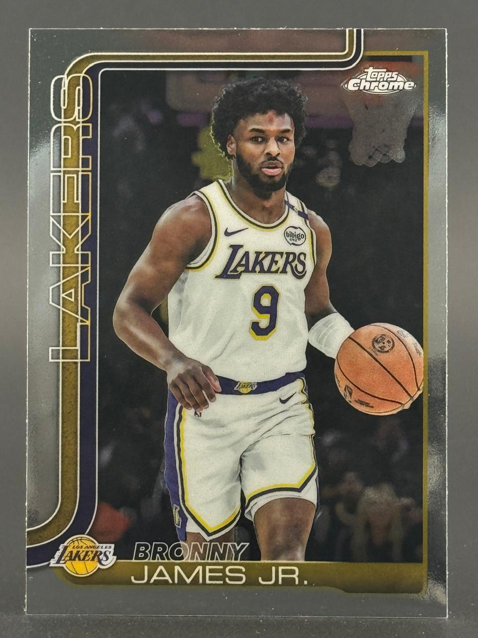 Bronny James Jr. Topps Chrome basketball card, Los Angeles Lakers #9.