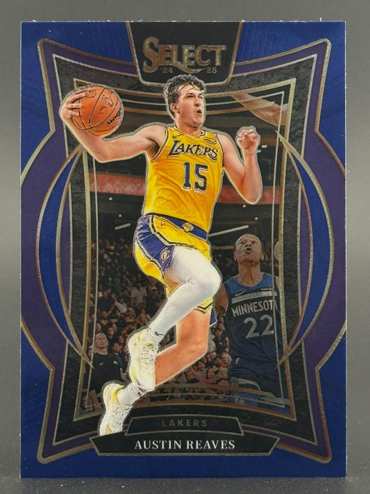 2024-25 Select Austin Reaves trading card featuring him in a yellow Lakers uniform holding a basketball.