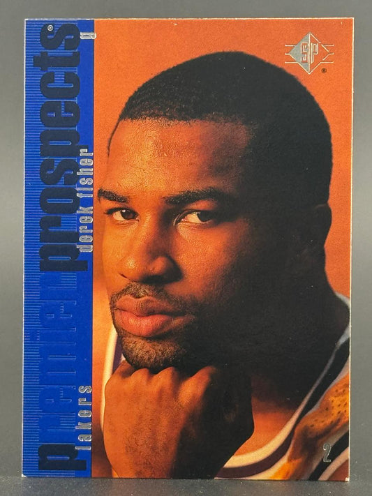 Derek Fisher 1996 SP Prospects card #2, showing a close-up portrait with his chin resting on his hand.