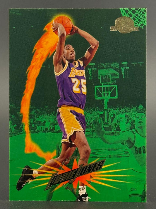 1996-97 SkyBox Eddie Jones basketball card featuring Jones in a Lakers uniform with a fiery basketball.