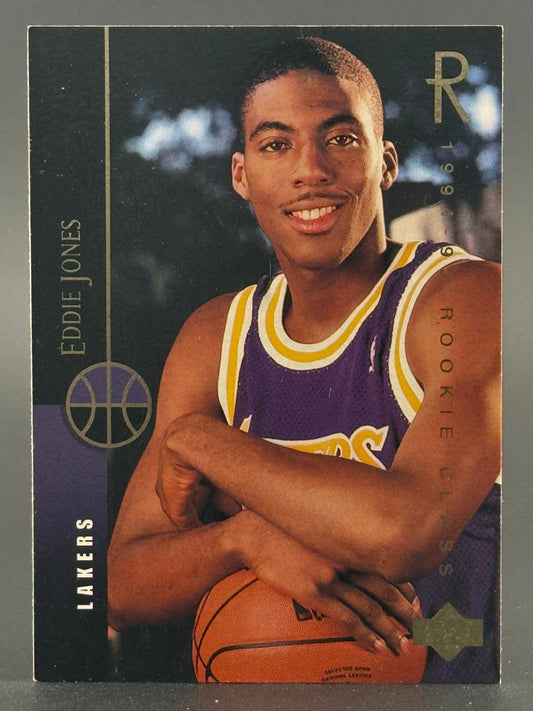 1994-95 Upper Deck Rookie Class Eddie Jones trading card, #R1, featuring Jones in a Lakers jersey.
