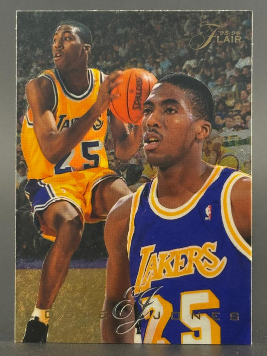 1995-96 Flair Eddie Jones basketball trading card showing Jones in Lakers jerseys.