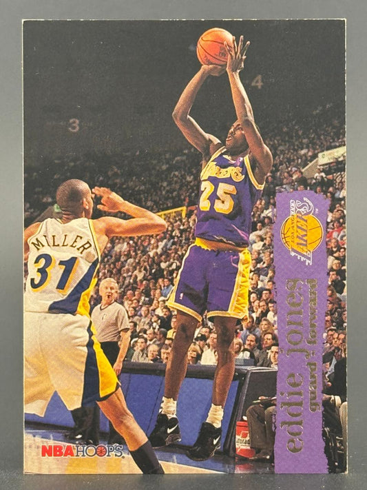 1990s NBA Hoops basketball trading card of Eddie Jones of the Los Angeles Lakers.