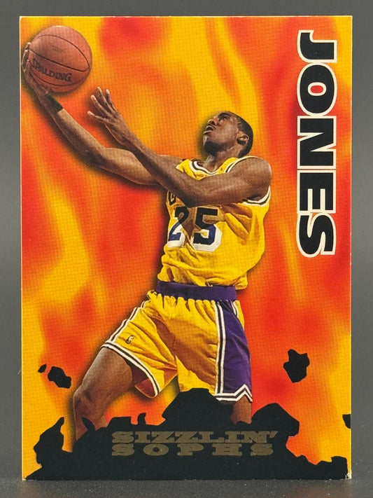 Trading card of Eddie Jones in a Lakers uniform, "Sizzlin' Sophs" set, player shooting a basketball.