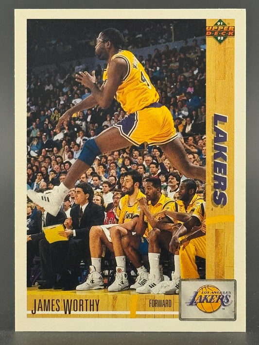 1991-92 Upper Deck James Worthy basketball card #4, showing him leaping over the Lakers bench.