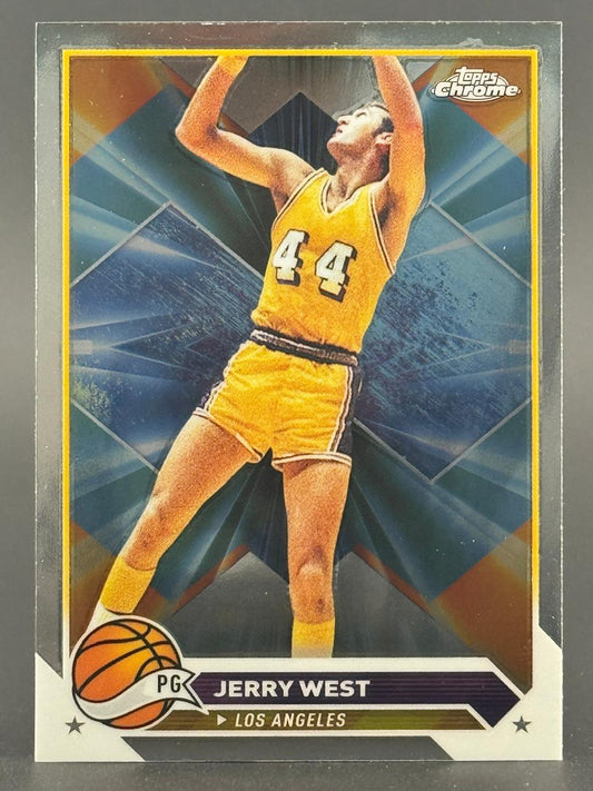 Jerry West Topps Chrome basketball card showing him in a yellow jersey numbered 44.