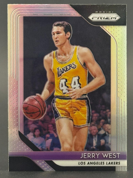 Jerry West 2018-19 Panini Prizm trading card, Los Angeles Lakers, dribbling basketball.