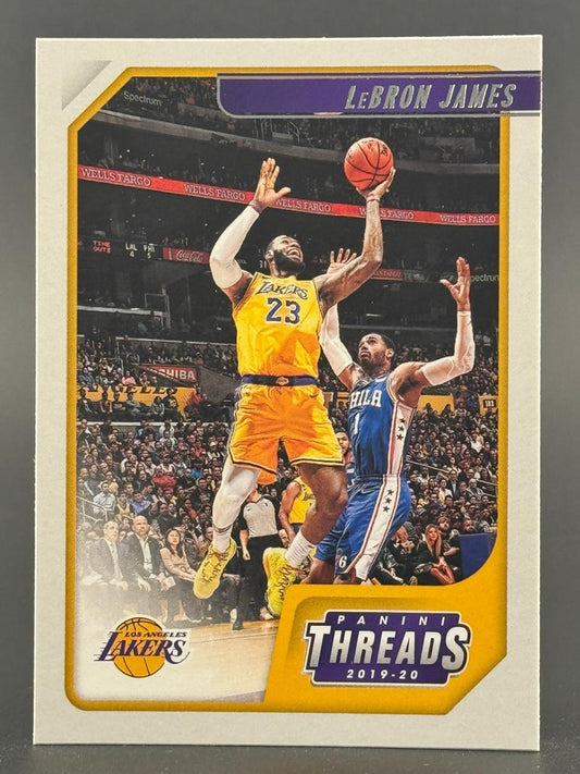 2019-20 Panini Threads trading card of LeBron James in a Lakers uniform driving to the basket.