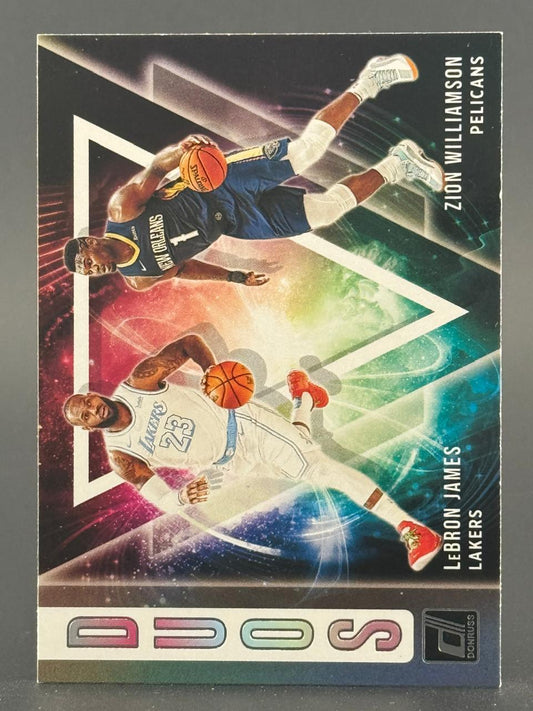 Donruss basketball card featuring Zion Williamson and LeBron James with "Duos" text.