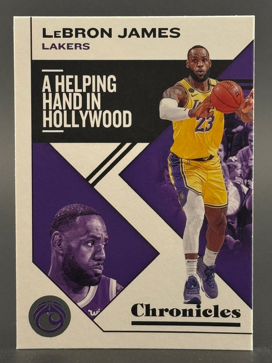 LeBron James trading card from Panini Chronicles, "A Helping Hand in Hollywood," featuring Lakers uniform.