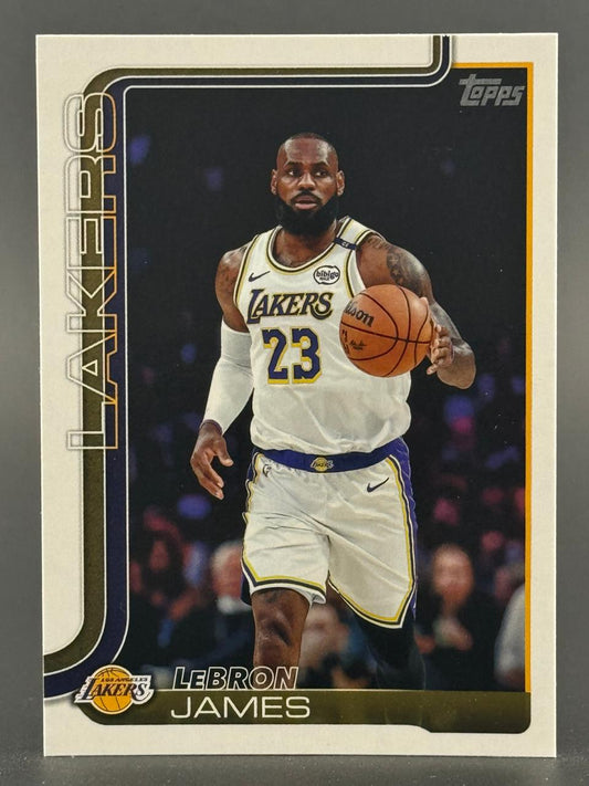 LeBron James trading card, Topps set, showing him dribbling a basketball in a Lakers uniform.