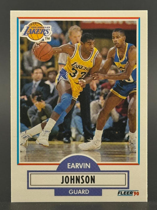 1990 Fleer Earvin Johnson trading card showing Magic Johnson dribbling in a Lakers uniform.