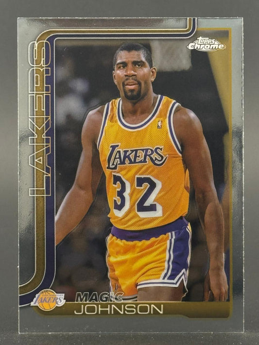 Magic Johnson Topps Chrome trading card showing him in a yellow Lakers uniform.