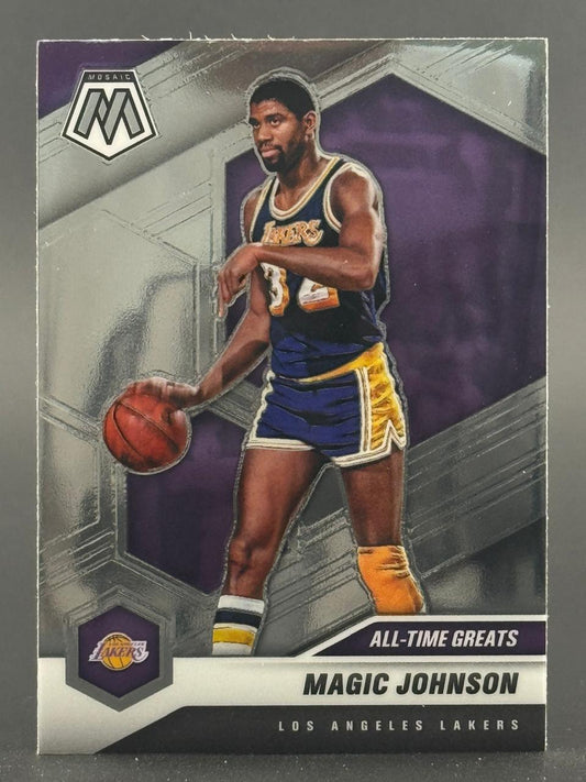 Magic Johnson trading card, Mosaic All-Time Greats, Los Angeles Lakers, dribbling basketball.