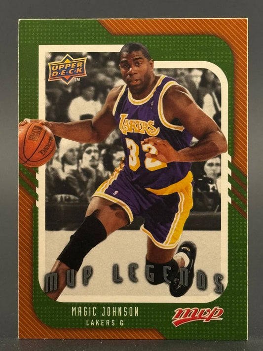 Magic Johnson basketball card, MVP Legends set, featuring Johnson dribbling in a Lakers uniform.