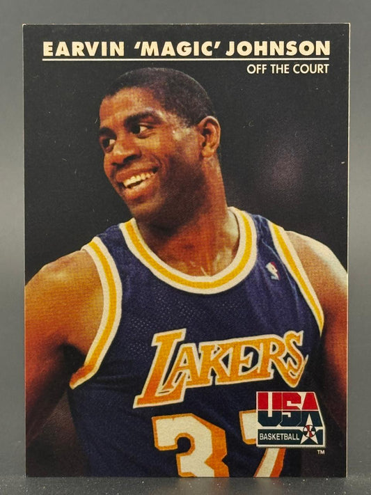 Earvin "Magic" Johnson trading card, "Off the Court" series, showing him in a Lakers jersey.